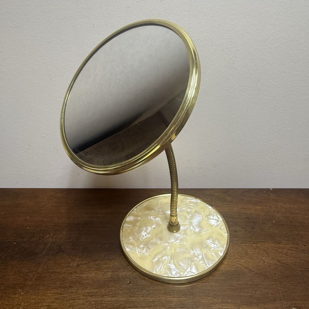 Vintage Brass Gooseneck Double Vanity Mirror Pearlescent Base Hollywood Regency - Picture 3 of 11